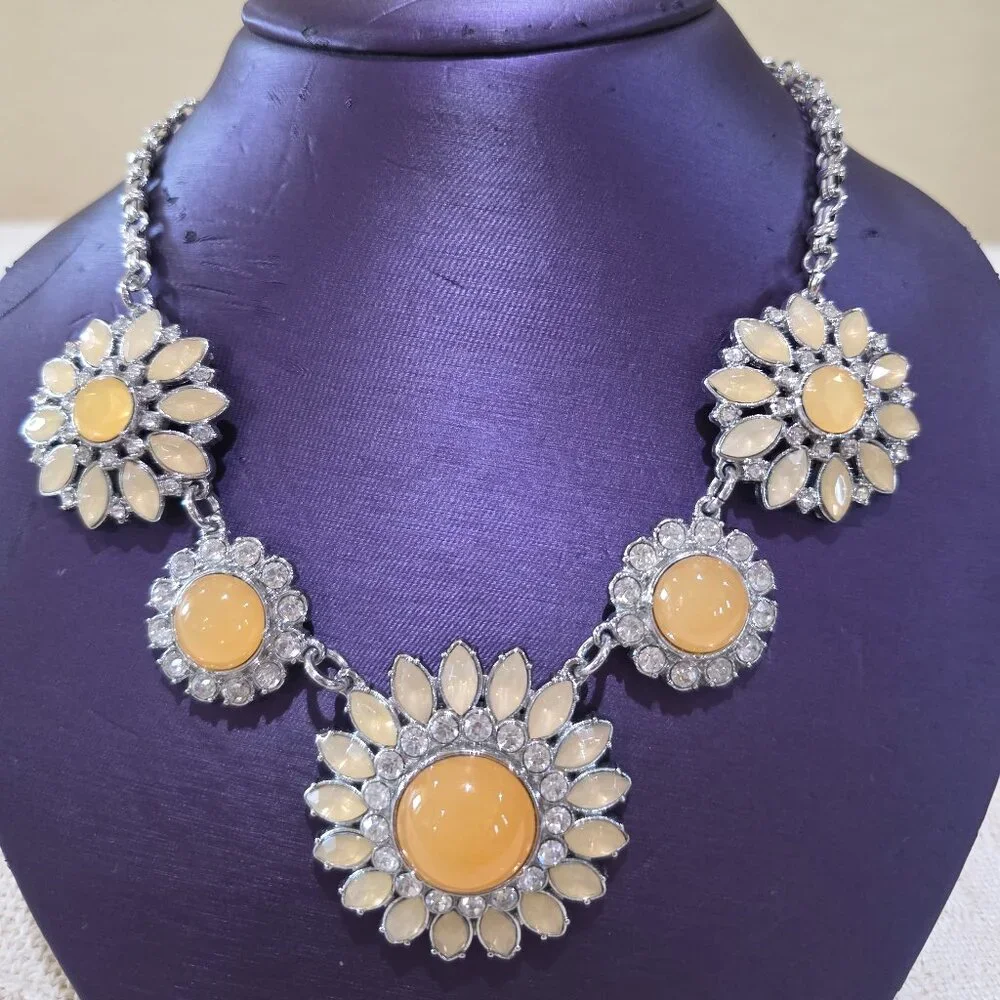 CHRISTINA'S JOY Rhinestone Sunflower Flower Floral Statement Runway Necklace